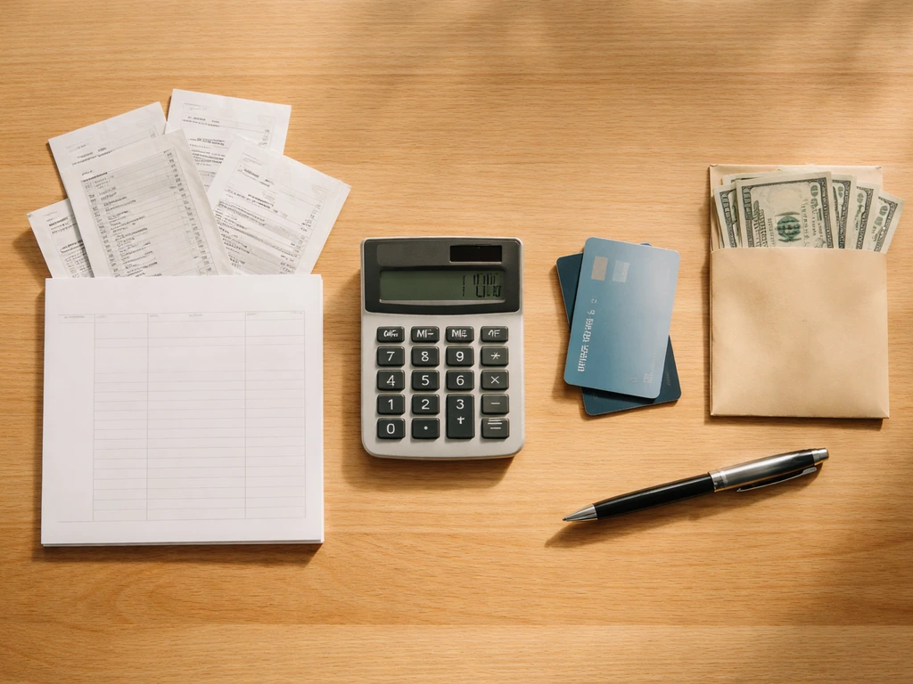 Overhead shot of a simple budgeting worksheet with receipts, bills, and a calculator for funding options.