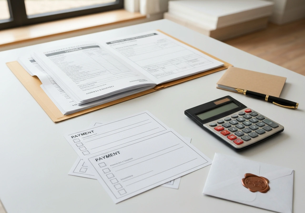 Minimal renovation work table with invoices, payment checklist cards, and calculator showing milestones.