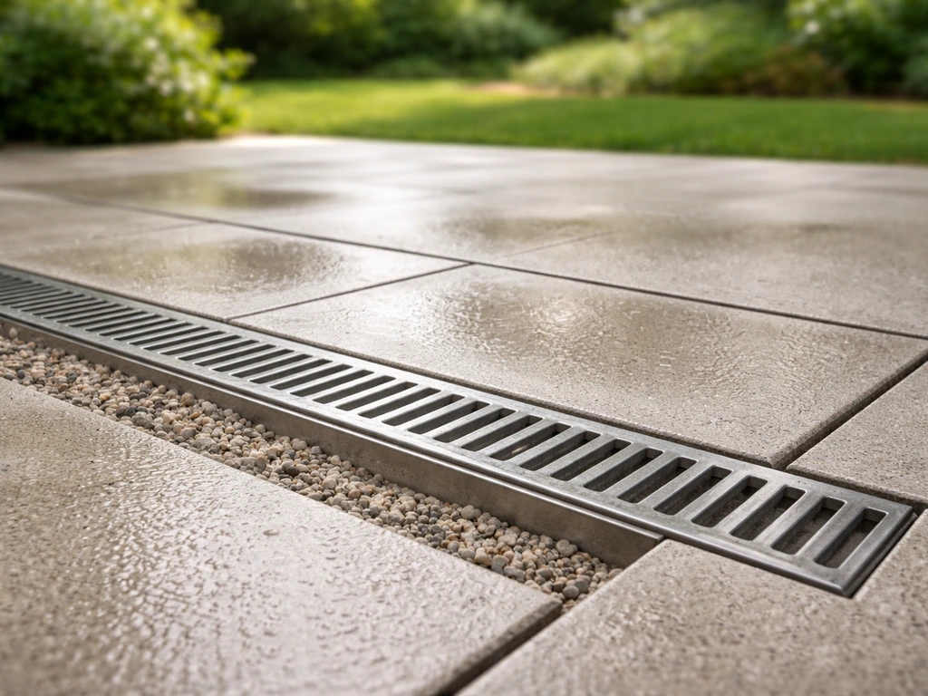 Close-up of a newly installed patio channel drain grate capturing runoff to prevent standing water.