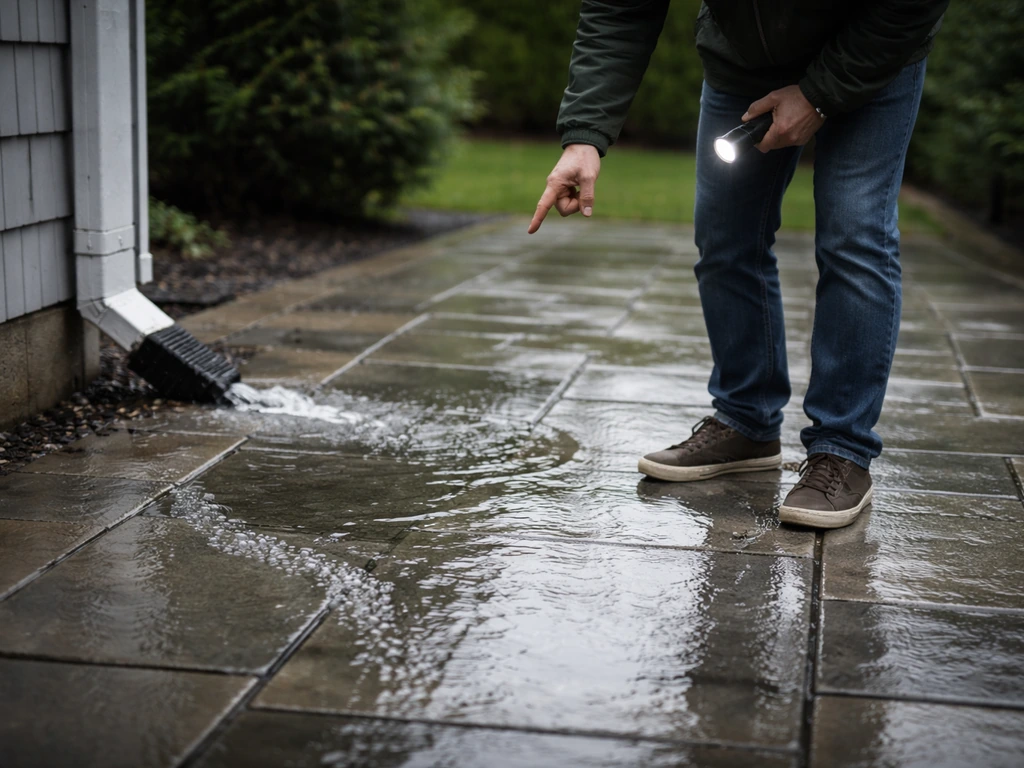 Homeowner on a wet patio watching rainwater pool and flow to spot drainage problems.