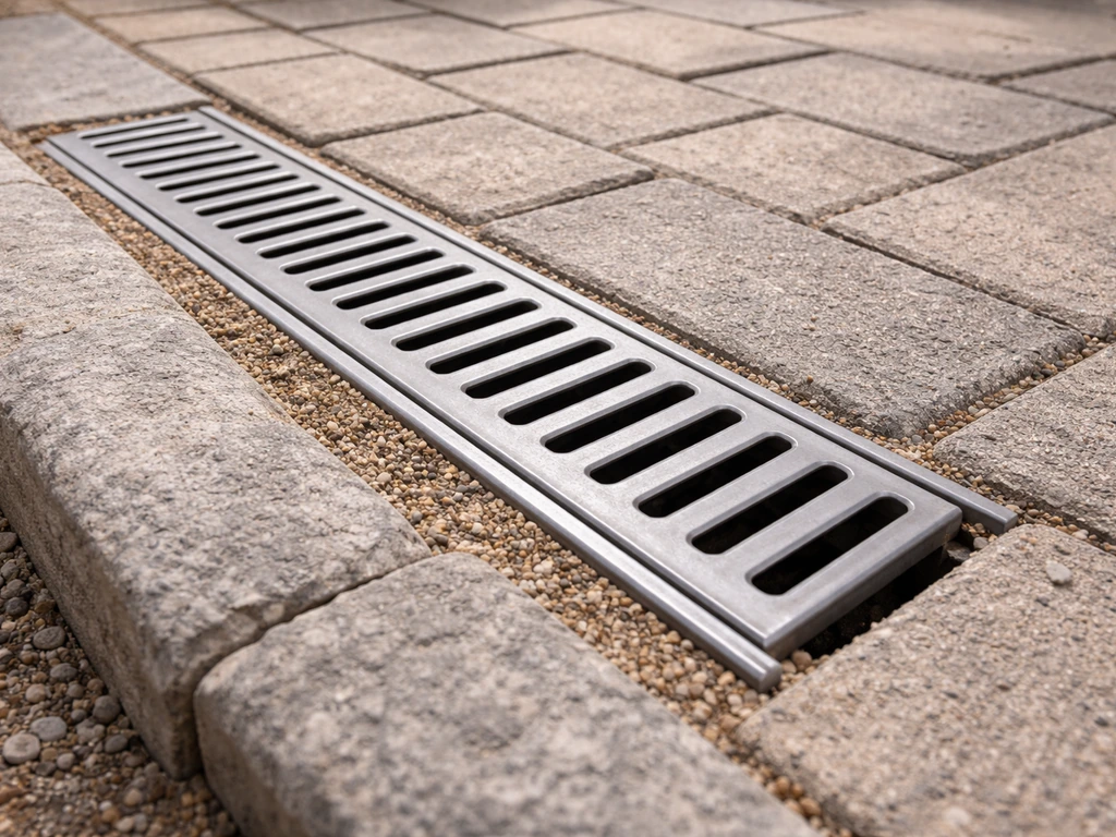 Close-up of a linear trench drain installed flush with a block-paved patio surface