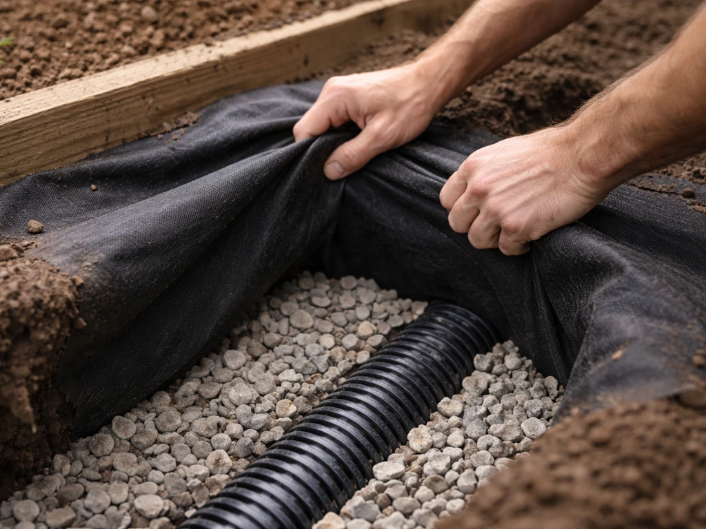 Person’s hands laying geotextile around a gravel-filled trench for a French drain pipe