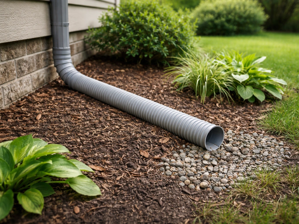 Garden downpipe drain pipe routed to daylight with a safe discharge point above ground