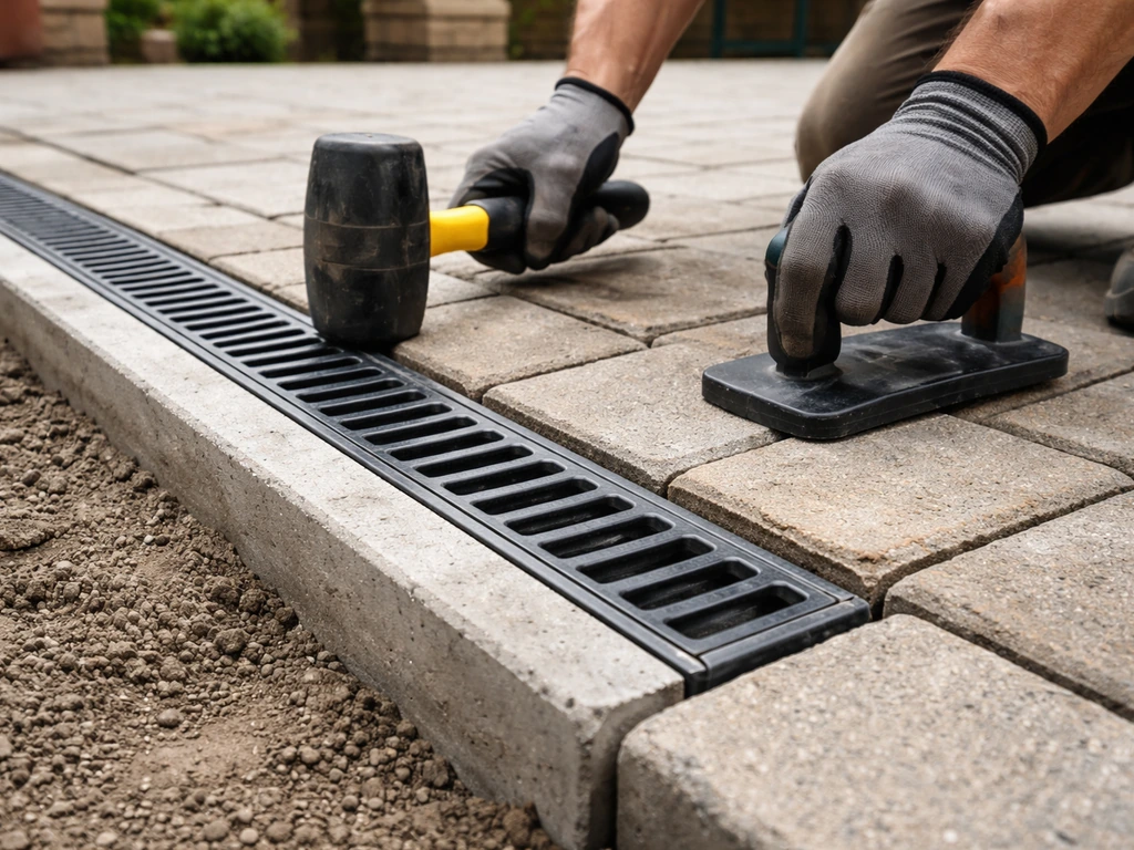 Gloved hands tamping block paving around a channel drain grate on a patio for proper drainage height.