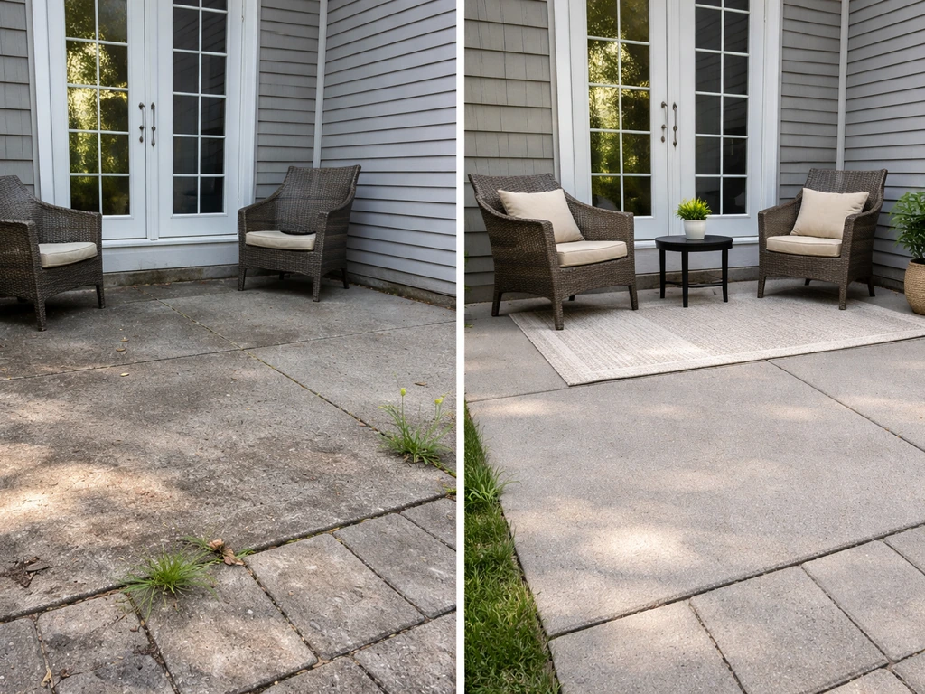 Before-and-after style view of a messy patio upgraded with clean surface and simple decor.
