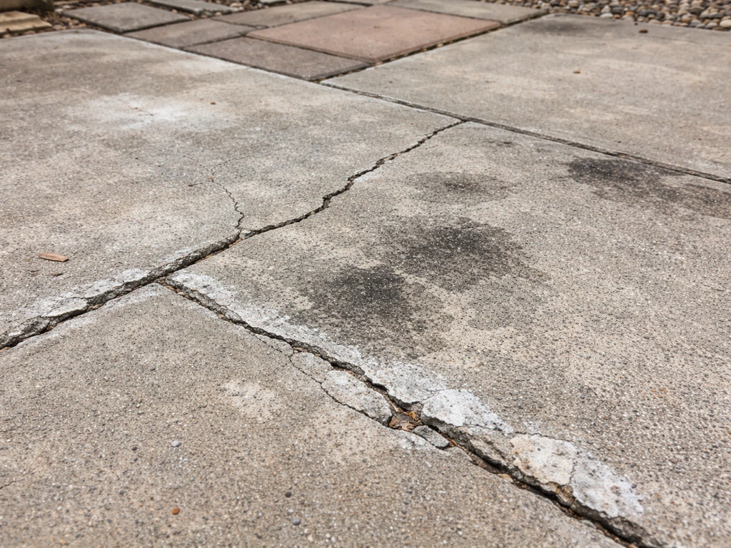 Close view of an outdoor patio showing cracks, spalling, dark stains, and chalky white efflorescence on concrete.