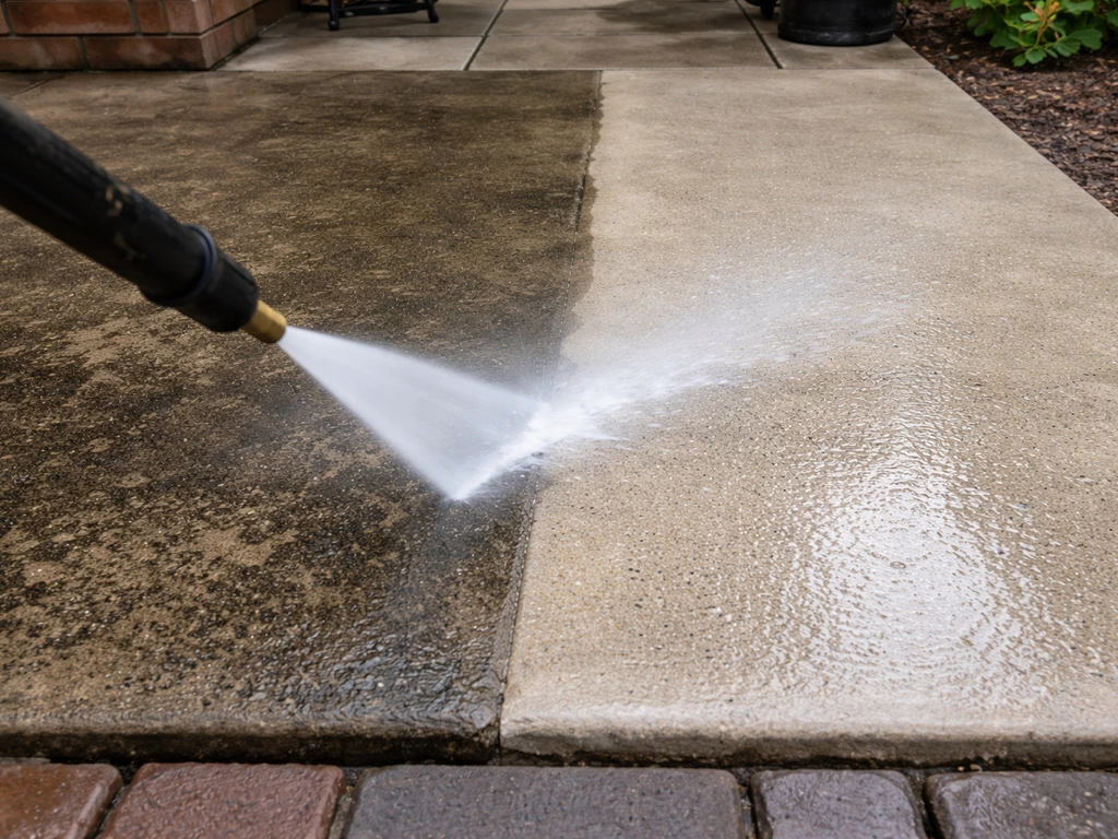 Pressure washer cleaning a patio slab with grime lifting and a noticeably cleaner dry-off area