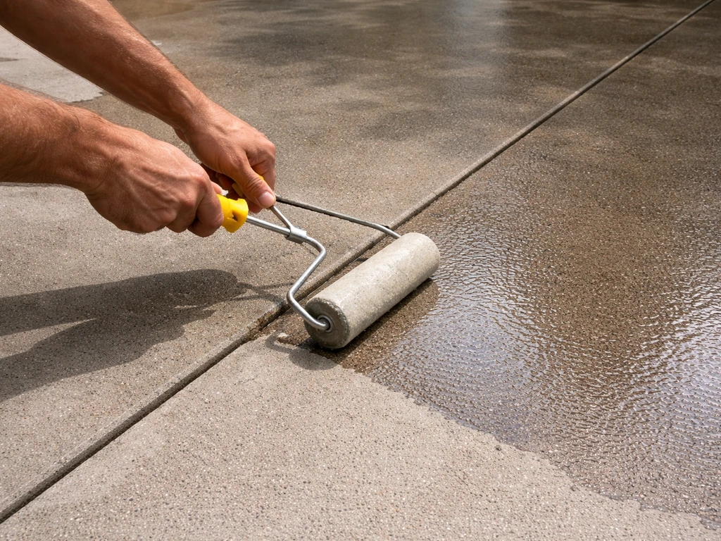 Person using a paint roller to apply sealer on a concrete slab, creating a darker even finish