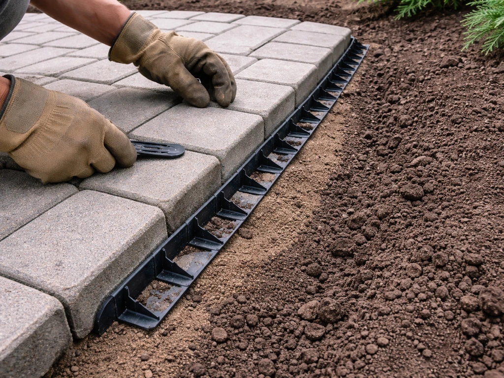 Close-up of installing crisp patio paver edging with aligned interlocking pavers and gloved hands.