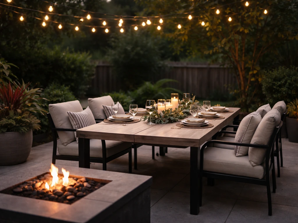 Well-styled outdoor dining table with coordinated decor and warm string lights at dusk