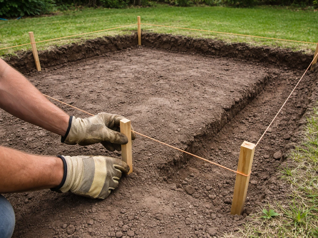 DIY homeowner setting patio ground level with excavation, stakes, and elevation string for drainage