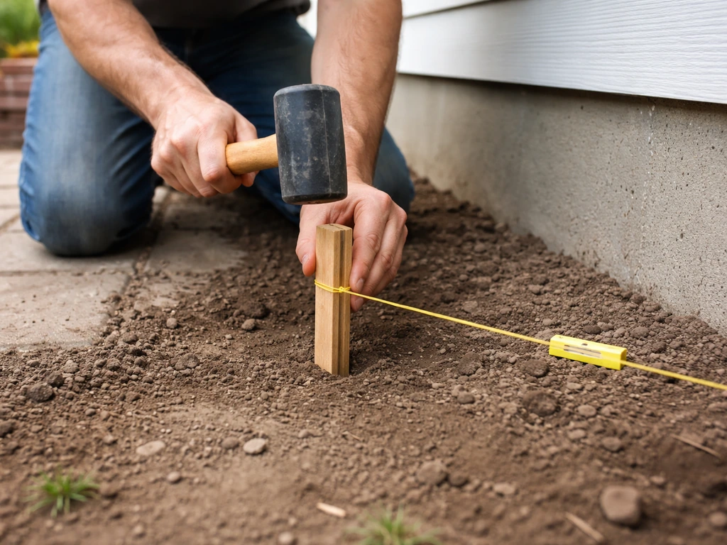Person tapping a wooden stake with taut string/level line marking patio elevation by the house