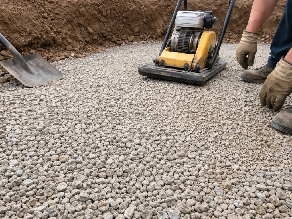 Worker’s hand tamps a freshly spread layer of crushed stone/class 5 gravel for a compacted base.