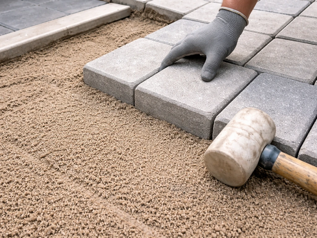 Installer sets individual concrete pavers on screeded bedding, showing how flatness transfers through small units.