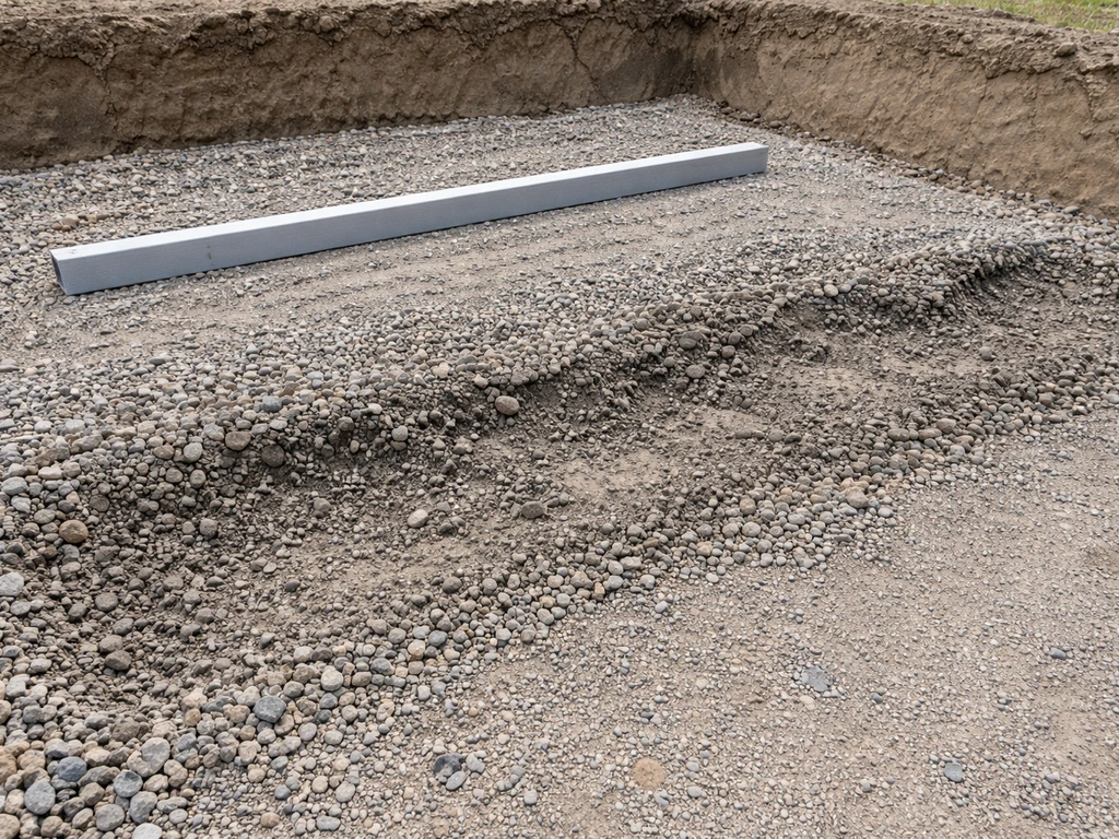 Split gravel layer showing uneven, disturbed surface after shallow plate compaction between lifts