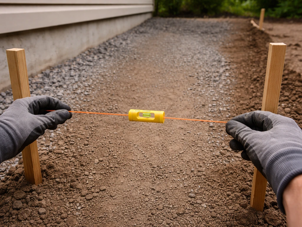 Contractor holds a level string above a sloped subbase for patio drainage away from a house