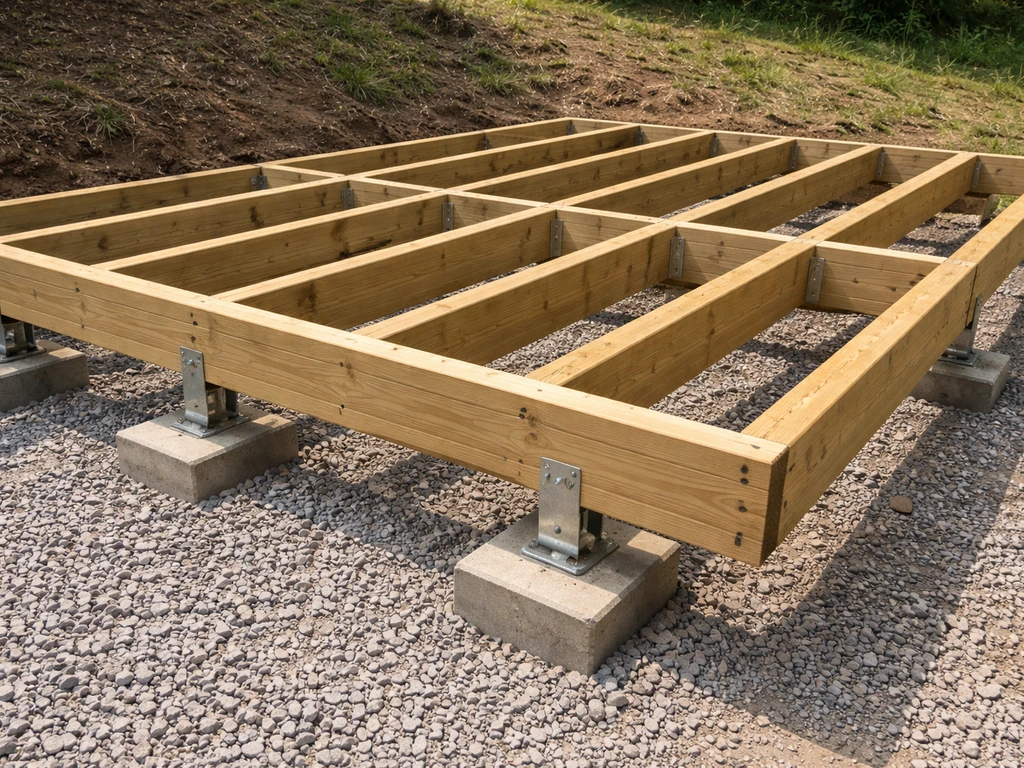 Outdoor deck-frame on compacted base with concrete footings and joists laid out for decking