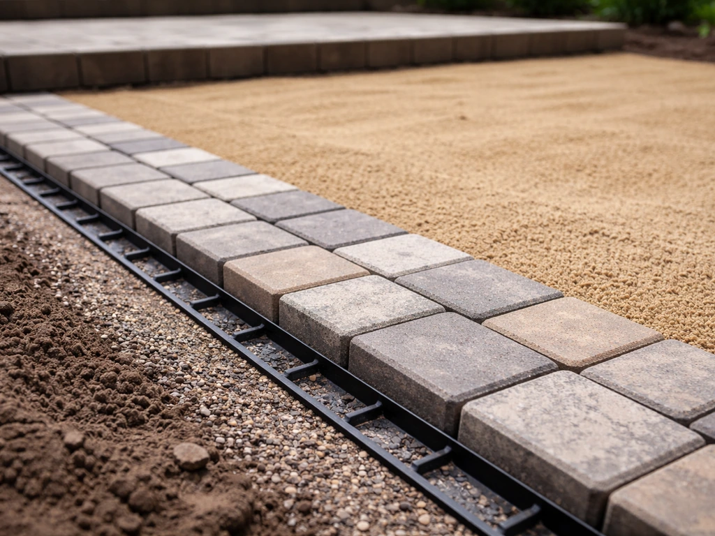 Screeded bedding sand and newly installed pavers with edge restraint visible along the border.