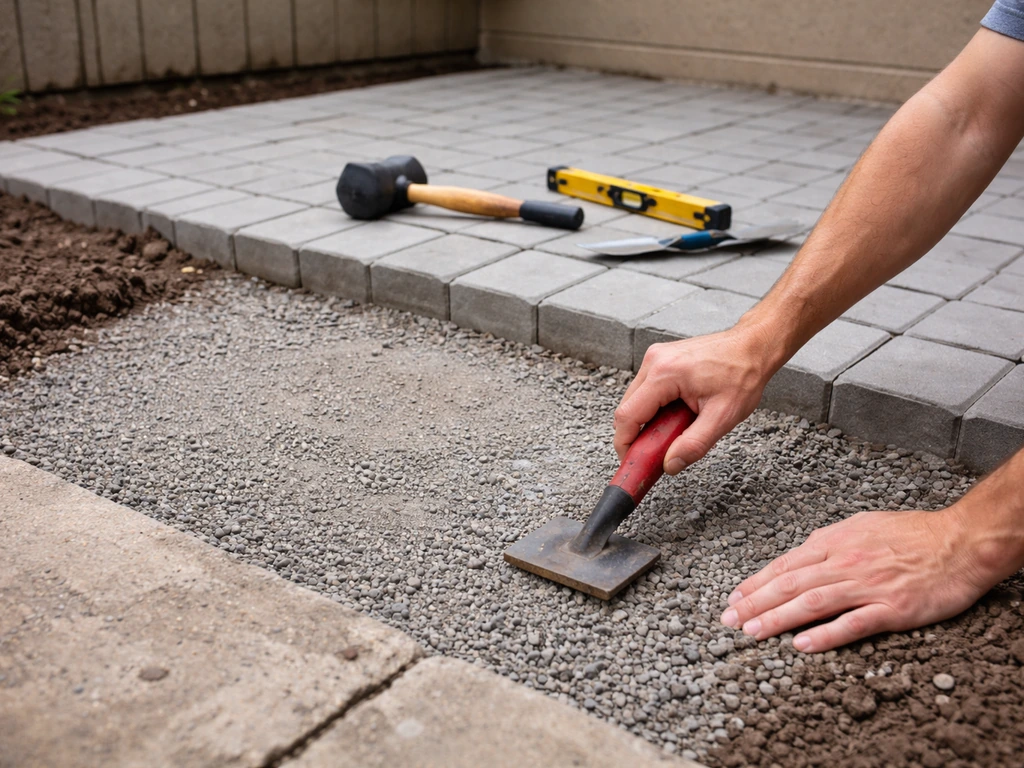 Anonymous homeowner hands with tools next to exposed patio base and newly placed pavers.