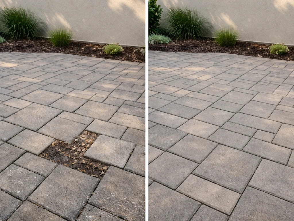 Split before/after of a cracked, uneven patio paver area versus smooth repaired sections.