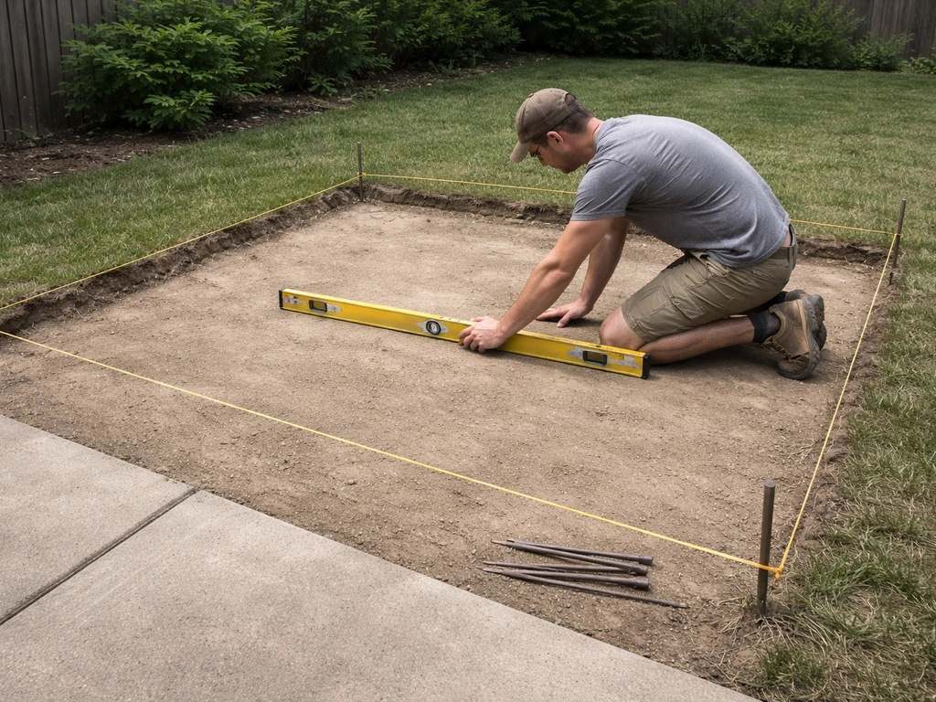 Kneeling worker measuring a patio with a long level and tape as stakes and layout line mark the footprint