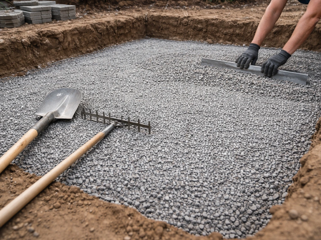 Gravel base being spread and leveled for a patio excavation, ready for compaction.