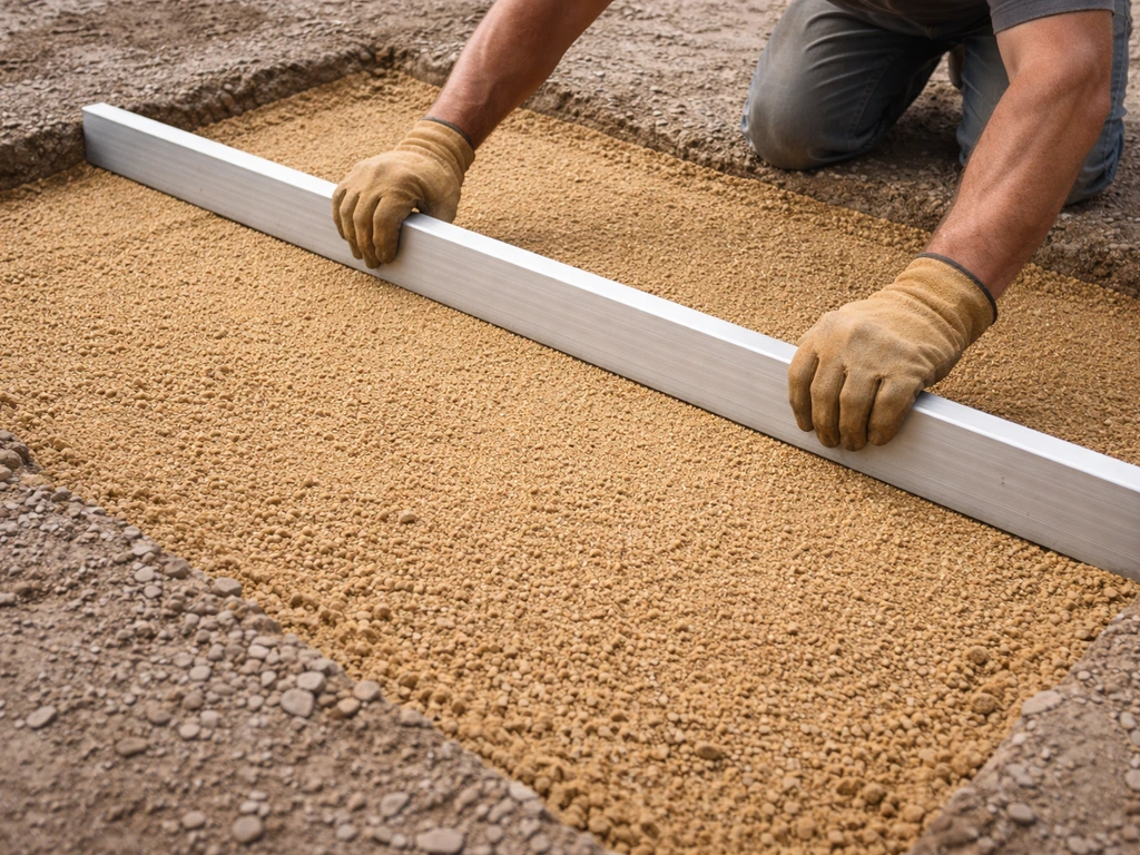 Worker levels a 1-inch layer of coarse bedding sand with a straight screed board before laying pavers.