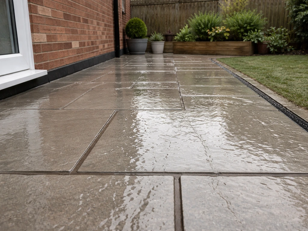 UK patio in light rain with water running away from the house along a drainage fall edge