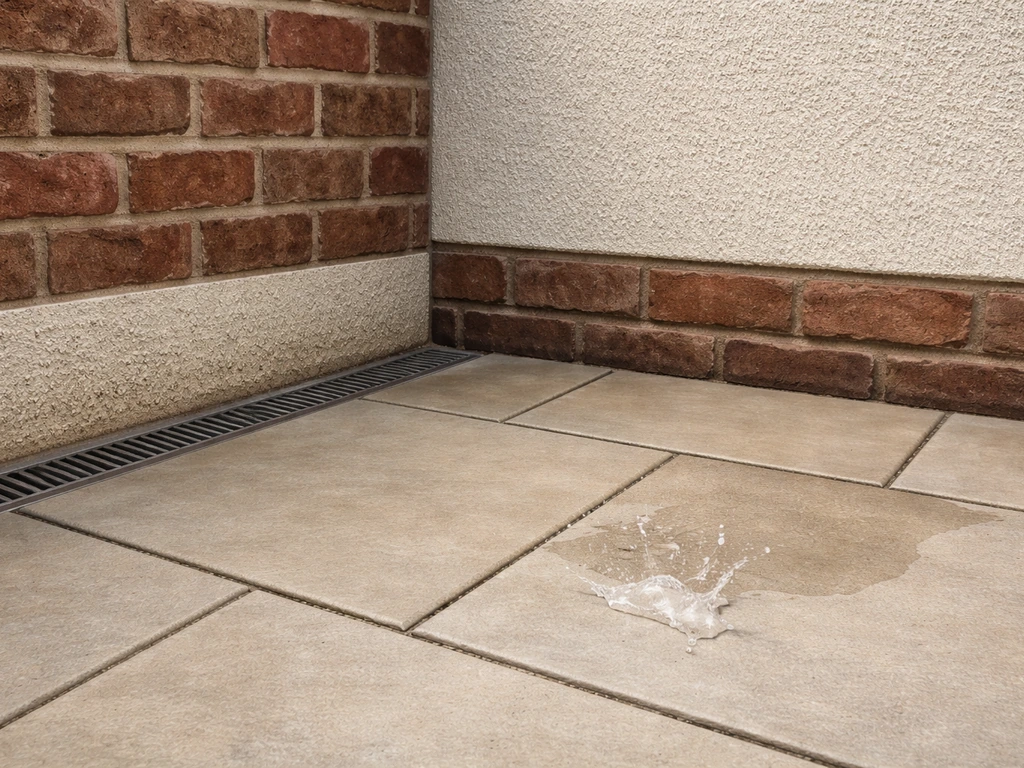 UK patio corner where water drains away from the base of a house wall, preventing damp pooling.