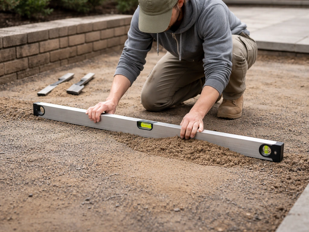 Contractor using a long spirit level to set patio slab levels with slight drainage fall