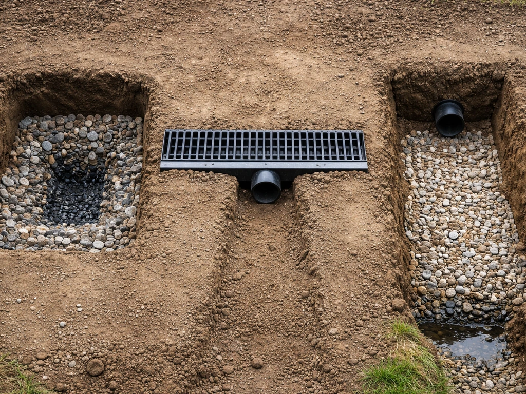 Close-up of three drainage outlets: soakaway pit with aggregate, linear channel drain, and discharge trench connection.
