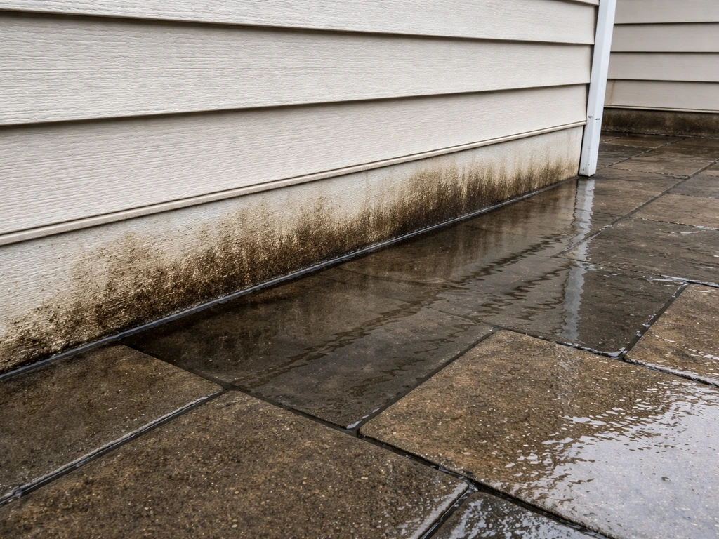 Water pooling and damp patio edge near a house wall from reversed fall.