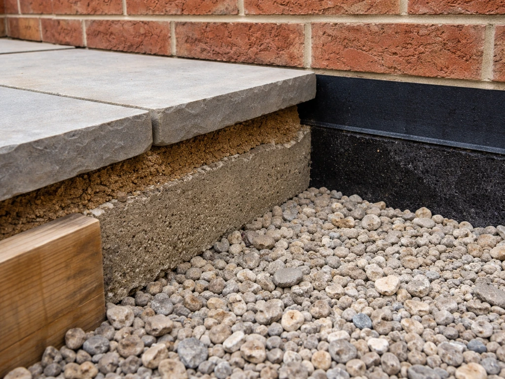 Close-up construction detail showing a clear 150mm gap between patio level and DPC to prevent moisture bridging.