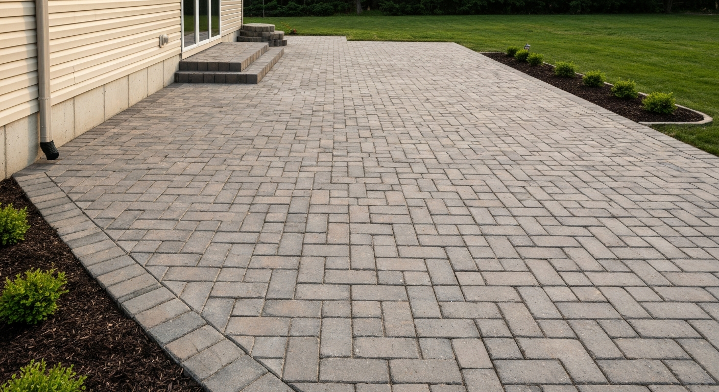 Finished residential patio of interlocking concrete pavers with neat recessed joints and a slight slope away from the house toward a lawn.