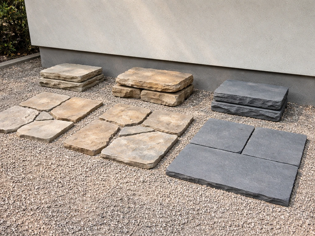 Different flat rock patio pavers and varying thicknesses laid out on the ground outdoors.