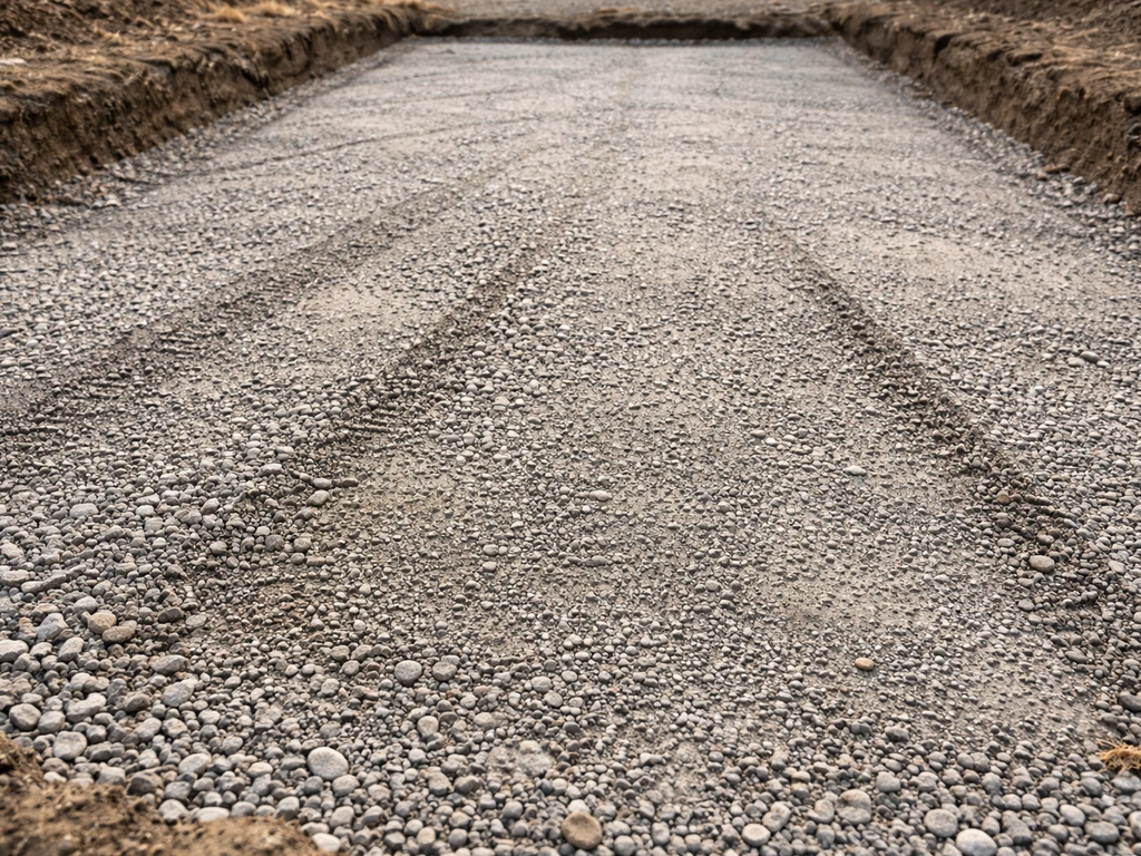Close-up of a graded gravel base with a clear drainage slope and compacted sub-base in an outdoor patio excavation