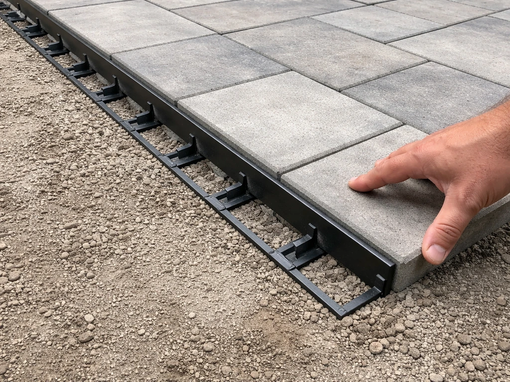 Close-up of metal paver edging installed along a patio perimeter, with pavers locked in place.