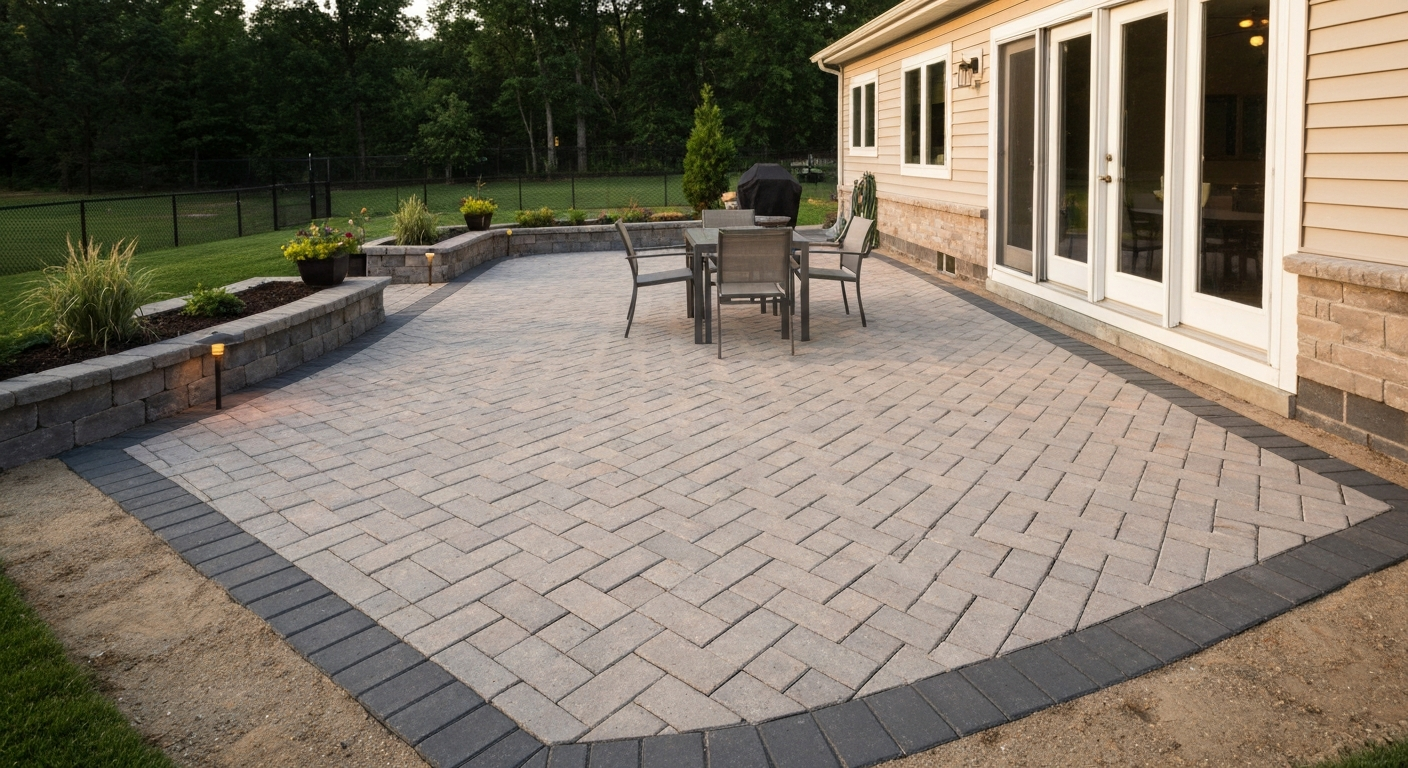 Finished backyard patio with interlocking pavers, outdoor dining set, fire pit, and a gentle slope away from the house.