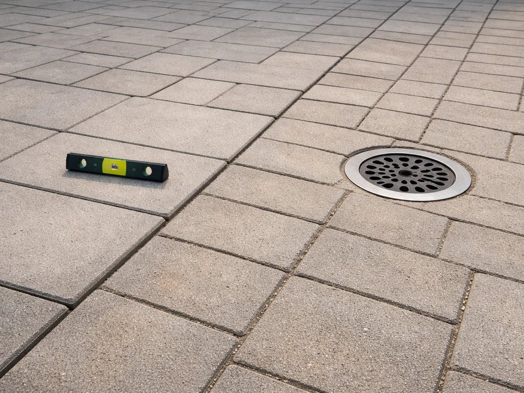 Close-up patio paver surface showing flat area and slight slope for drainage near a drain.