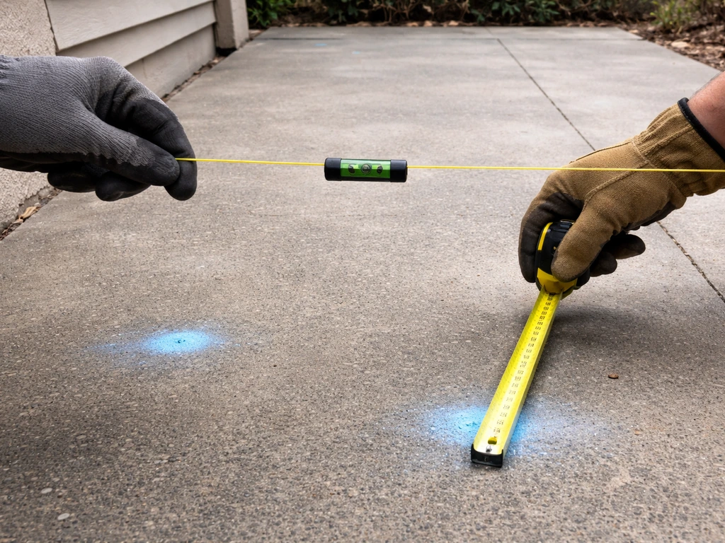 Person’s hands measuring patio slope with a taut string, line level clipped on, and tape at multiple points