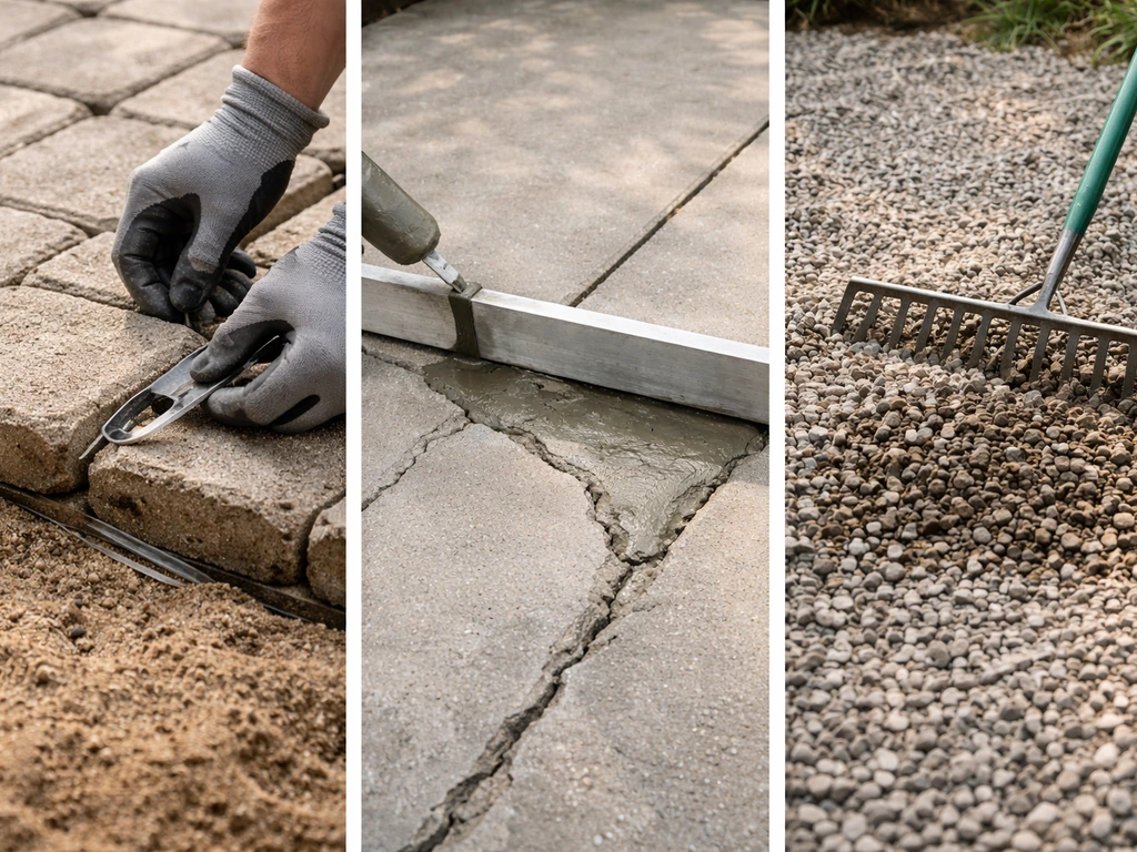 Three-panel photo showing leveling fixes for sand pavers, concrete slab, and loose gravel patios.