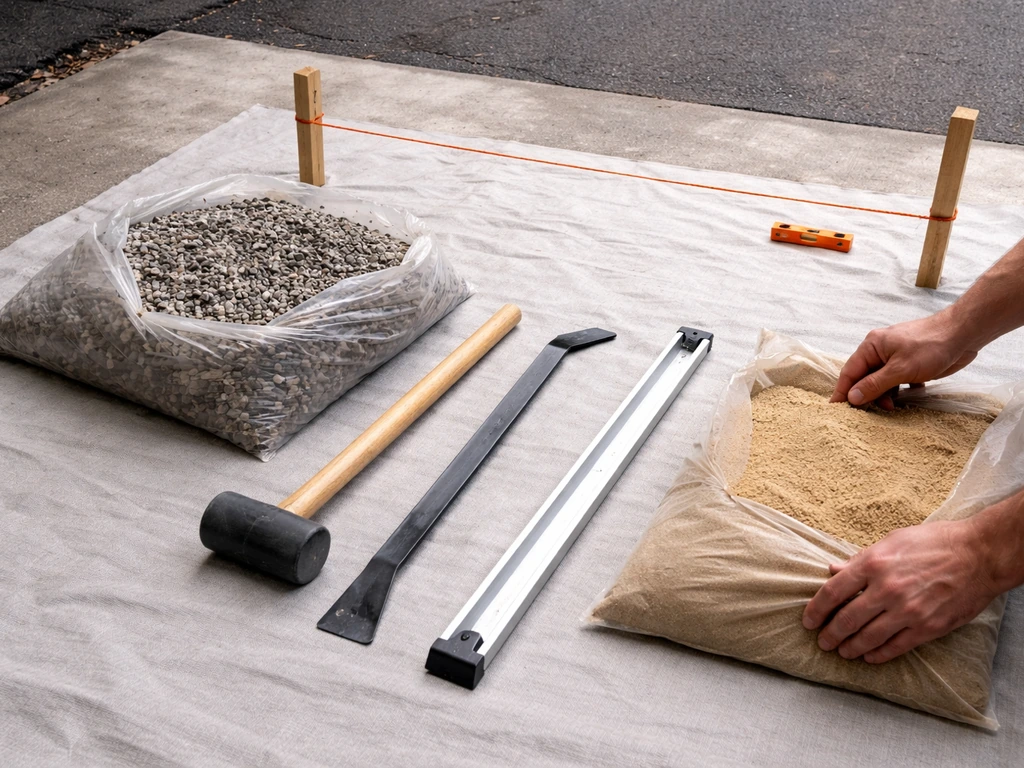 Leveling kit laid out on a tarp: stakes, string line, line level, compactable base and sand, paver tools.
