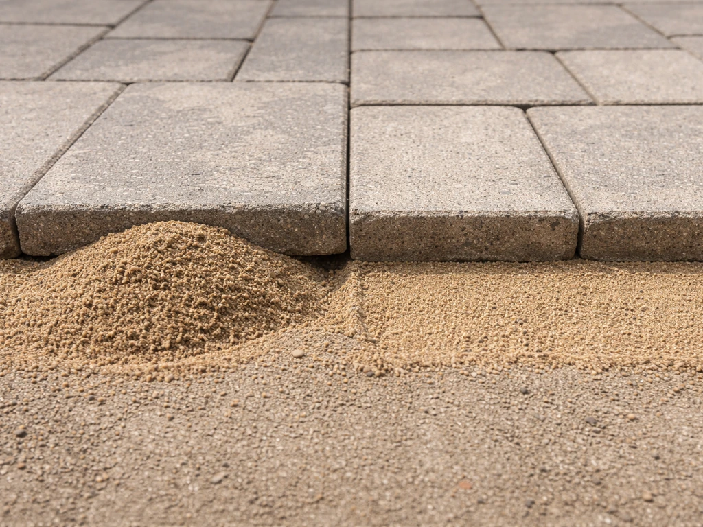 Uneven paver on mounded bedding sand beside a properly leveled paver bed on a patio.