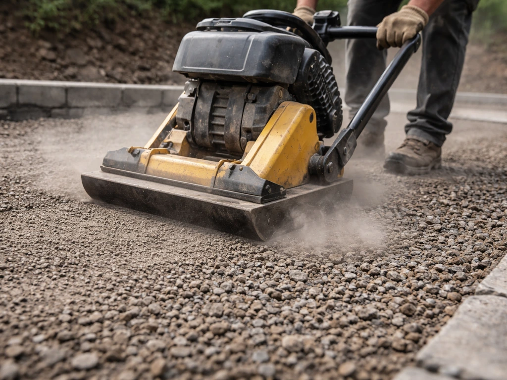 Hands operate a plate compactor compacting gravel base beneath pavers at a patio edge.