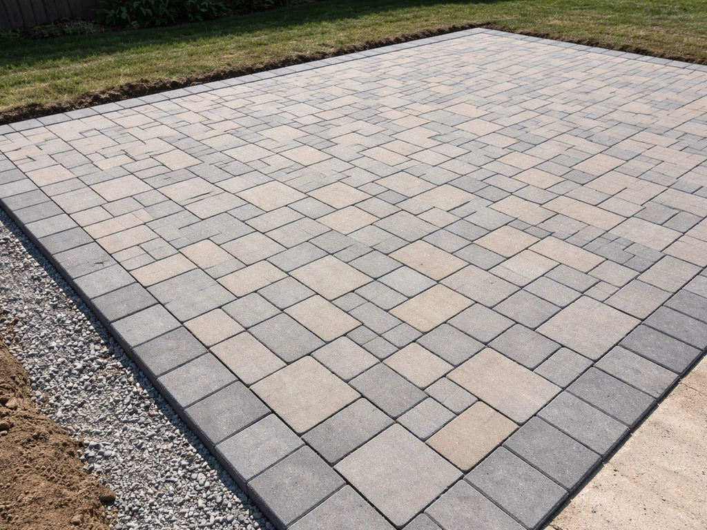 Near-finished interlock patio with crisp straight edges and a level paver pattern ready for jointing.