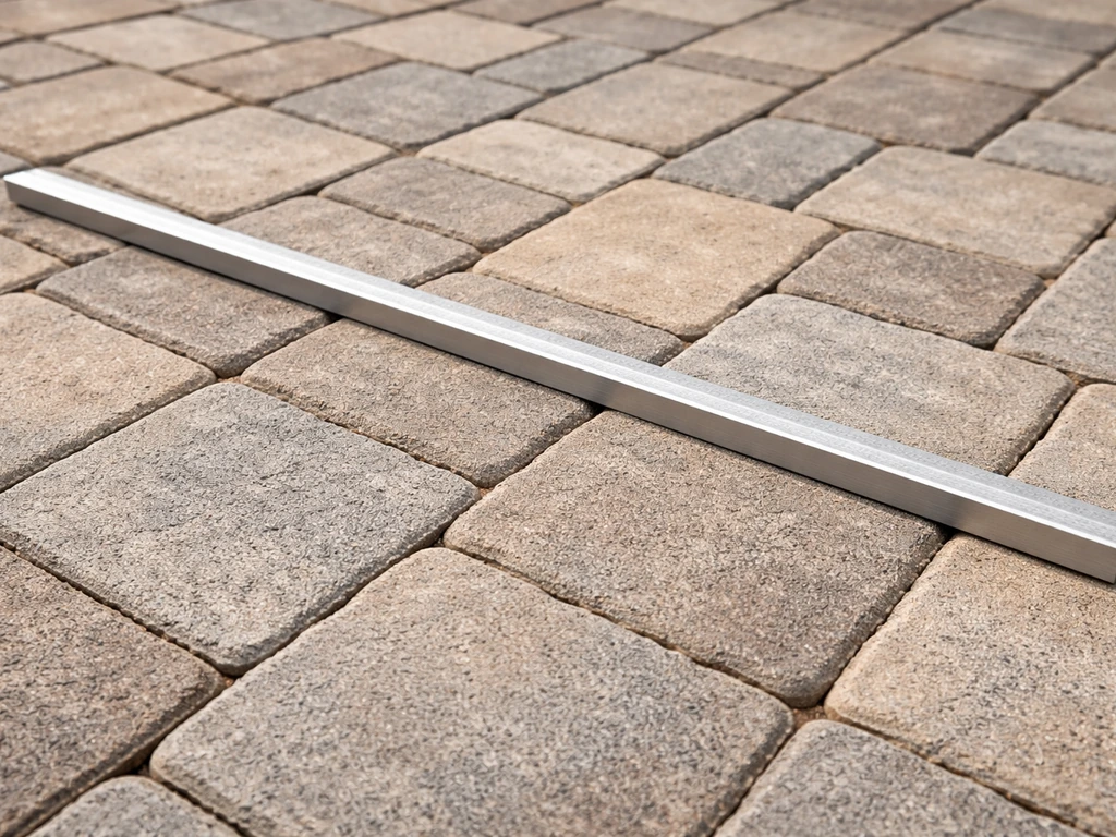 Close-up of concrete interlock pavers laid in a clean patio pattern with a straightedge guide