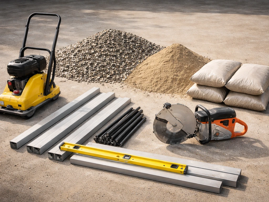 DIY patio tools laid out on the ground: plate compactor, saw, level, edging, gravel and sand bags