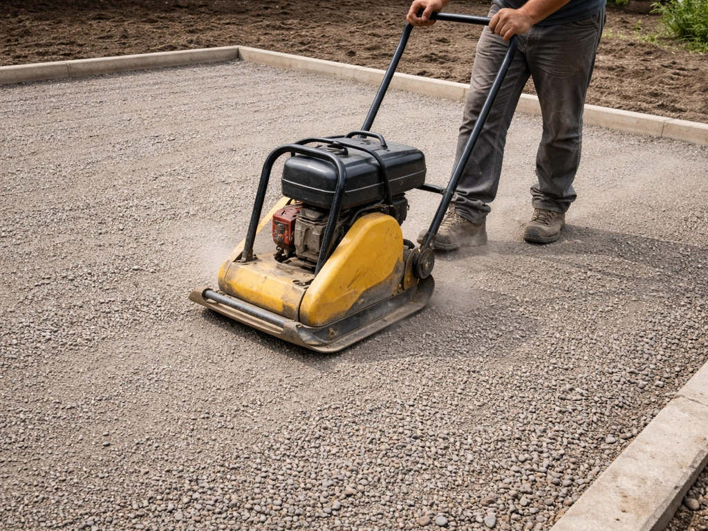 Worker compacts leveled gravel base with a plate compactor, creating an even patio foundation.