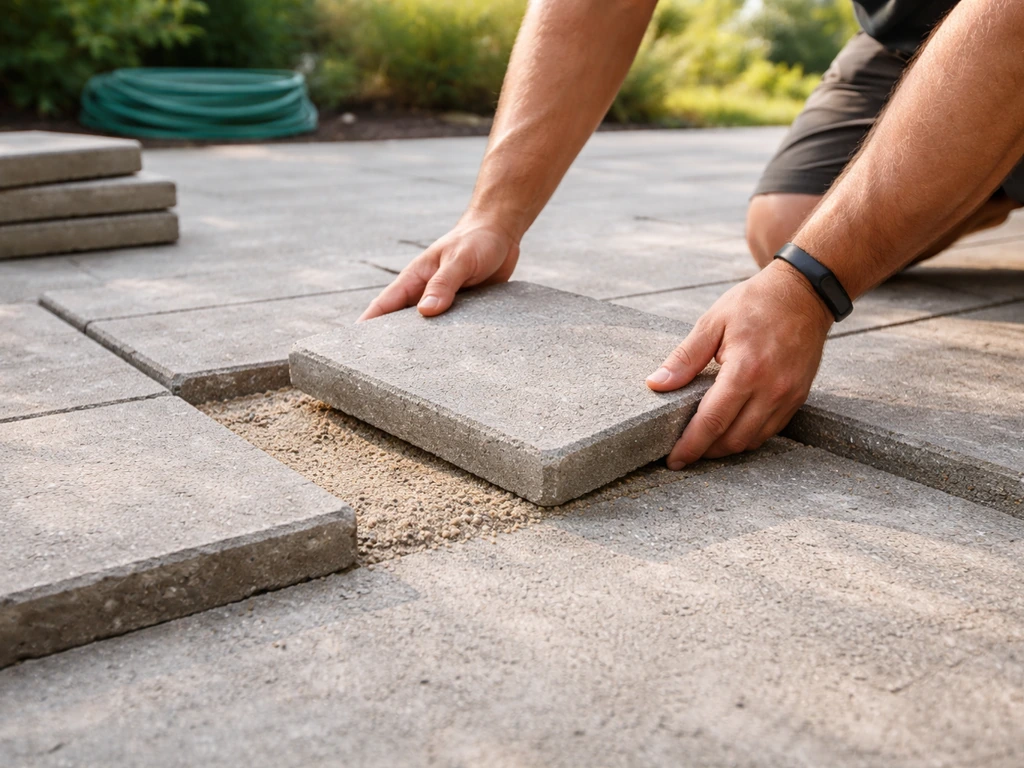 Homeowner’s hands laying patio pavers over existing concrete in a clean backyard, showing layered coverage.