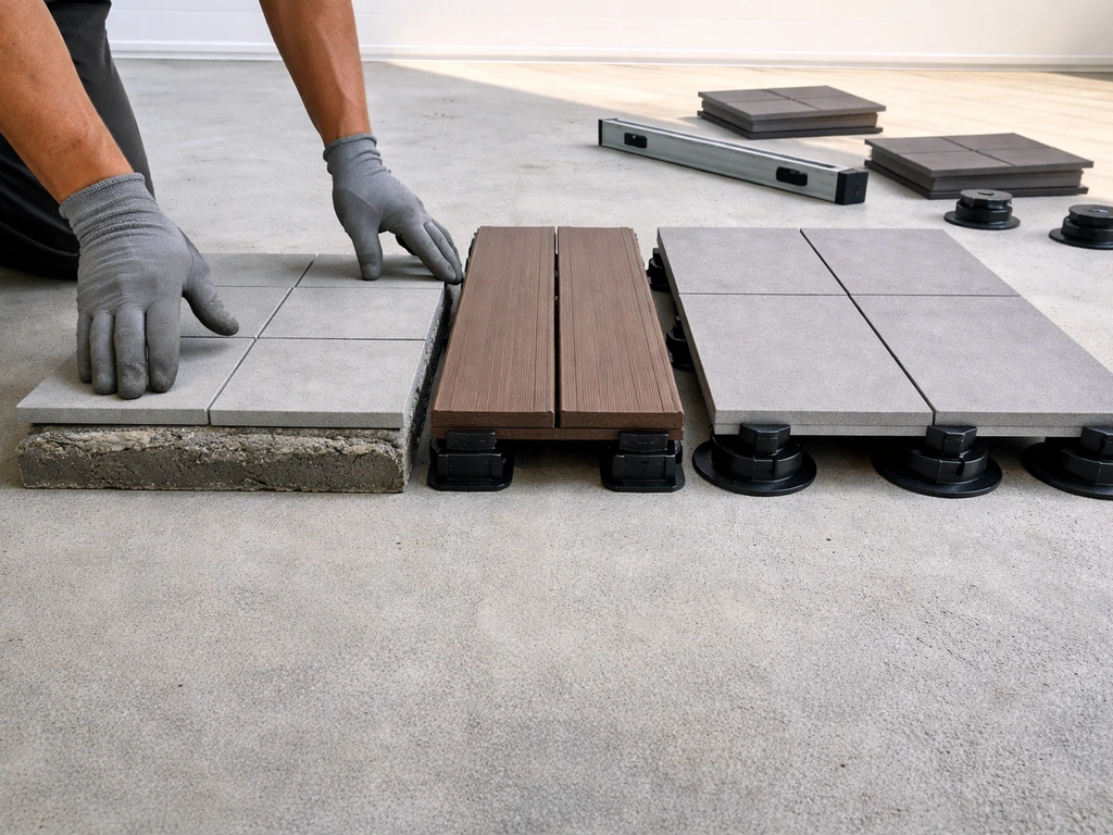 Close-up of patio layer samples over a concrete slab showing different heights and materials